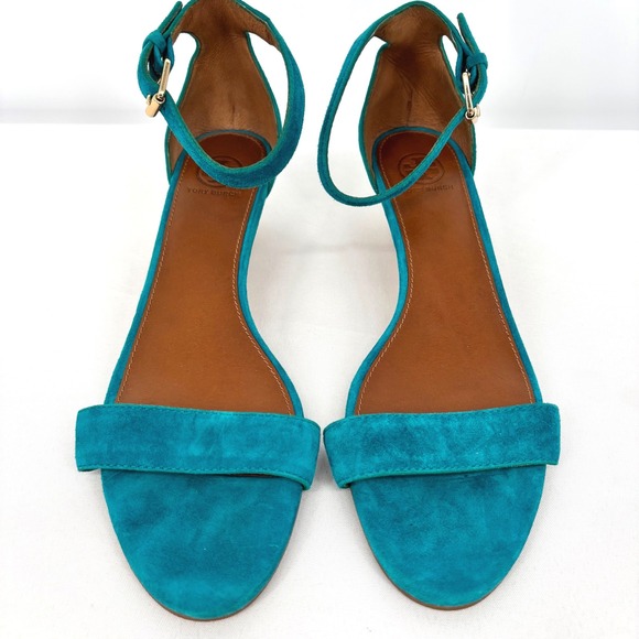 Tory Burch Shoes - Tory Burch Teal Blue Suede Cork Wedge Sandals Ankle Strap Gold Logo Sz 10M